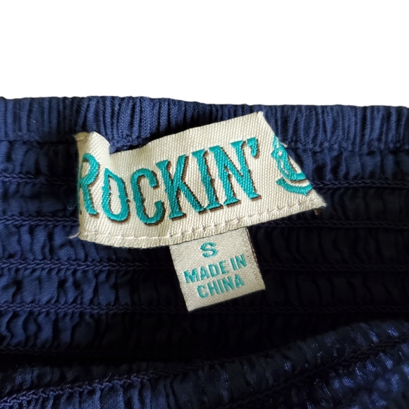 Rockin c off the shoulder navy blue and white embroidery top bell sleeve small - Picture 3 of 7